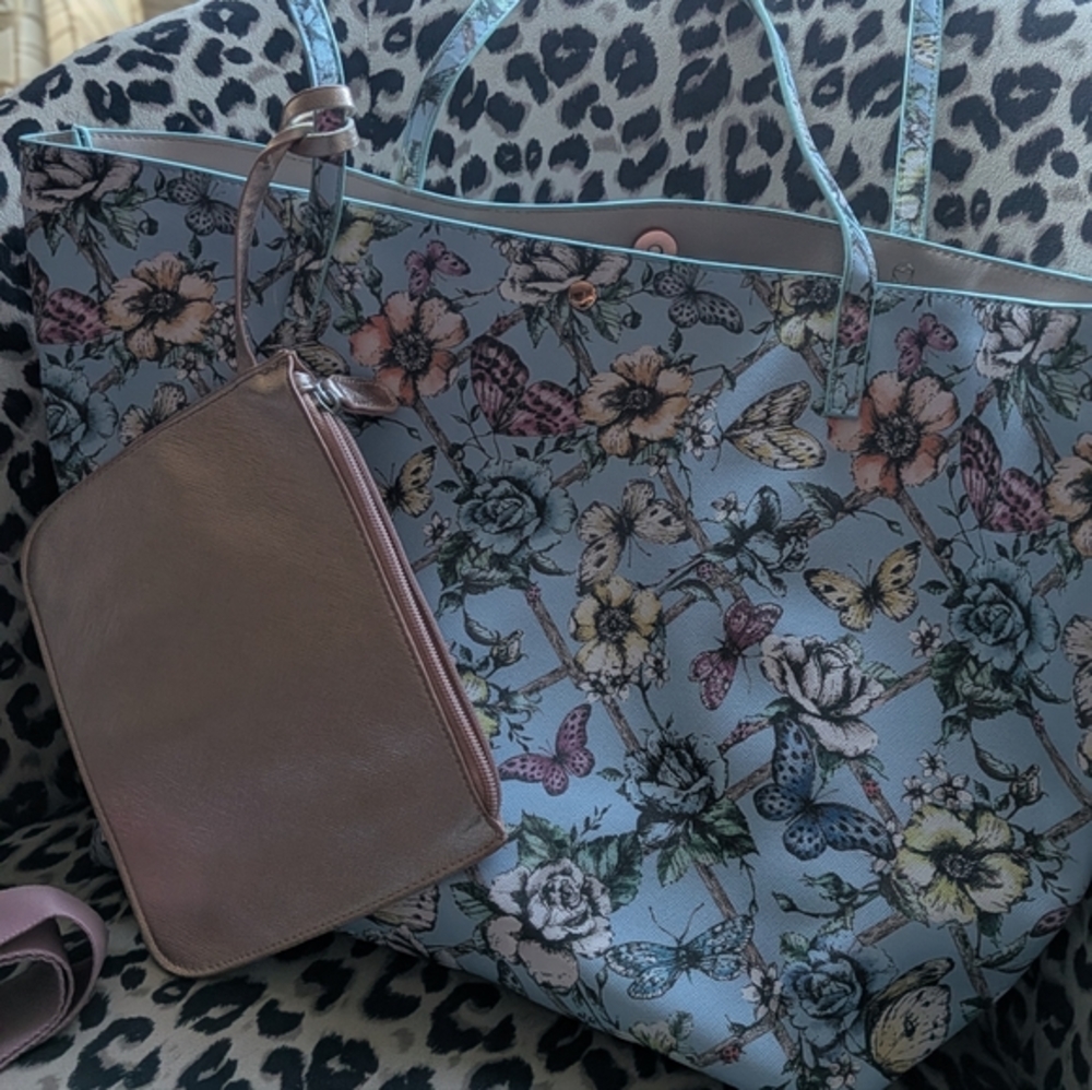 Butterfly Floral Tote Bag with Pink Pouch - Women Totes